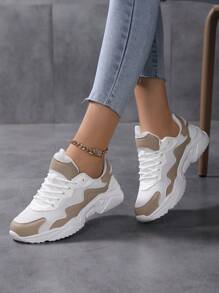 女式厚底運動鞋增高休閒運動鞋，四季皆宜 - 卡其色 - 查看 1