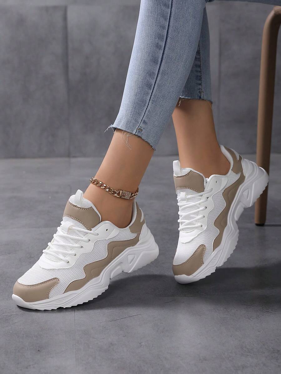 女式厚底運動鞋增高休閒運動鞋，四季皆宜 - 卡其色 - 查看 1