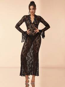 Valentine Flare Sleeve Lace Mermaid Hem Dress,Ladies' Gothic Sexy Clothing,Christmas Dress - Black - View 5