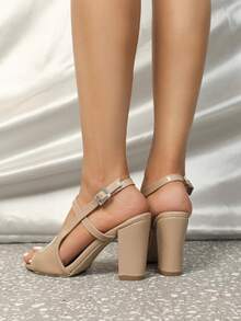 女式杏色露趾粗跟涼鞋，設計簡約而性感。非常適合聚會，舒適，讓你看起來更高、更白、更苗條 - 杏色 - 查看 5