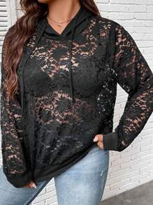 SHEIN LUNE 大碼花卉蕾絲抽繩連帽衛衣 - 黑色 - 查看 3