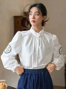 FRIFUL 花卉刺繡褶邊泡泡袖襯衫 - 白色 - 查看 6