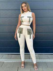 SHEIN SXY 翻蓋細節背心上衣和褲子 - 杏色 - 查看 3