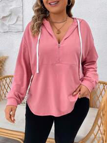 SHEIN LUNE Plus Size Half Zip Drop Shoulder Drawstring Sweatshirt - Hot Pink - View 1