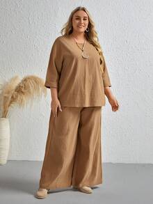 EMERY ROSE 大碼素色T恤&闊腿褲 - 咖啡棕 - 查看 3