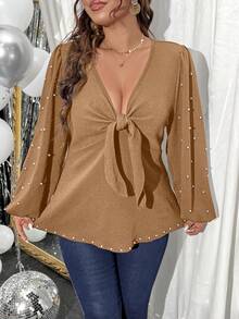 Celure Hơn Ngọc trai đính cườm Nút phía trước Tay áo lồng đèn Áo thun - Màu Khaki - Xem 6