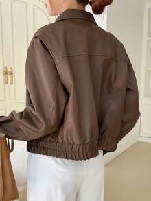 DAZY Drop Shoulder Zip Up PU Jacket - Brown - View 2