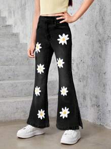 Tween Girl Floral Print Split Hem Flare Leg Jeans - Black - View 1