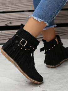 Fall/Winter Women's Round Toe Studded Fringe Side Zipper Flat Fashion Boots - Black - View 5