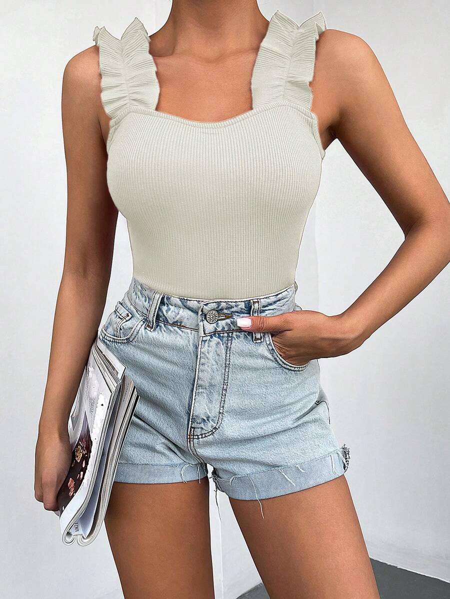 Cottnline Ruffle Trim Ribbed Knit Tank Top - White - View 1