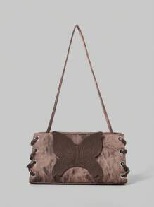 ROMWE Fairycore Mini Square Bag Fashion Butterfly Patched For Work - Brown - View 1