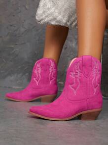 SHUZIA Embroidery Detail Slip On Western Boots - Red Violet - View 6