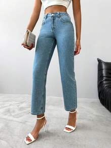 EURMUSE High Waist Straight Leg Cropped Jeans - Light Wash - View 1