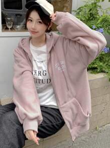 DAZY 字母圖案落肩抽繩連帽夾克 - 粉色 - 查看 1