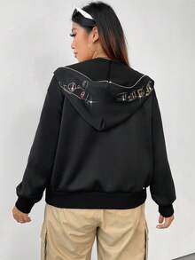 SHEIN Coolane Sudadera con cremallera con gráfico de figura de talla grande - Negro - Ver 6