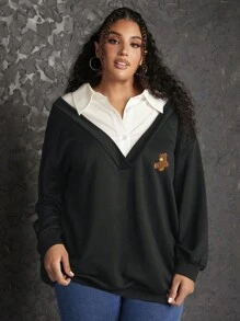 SHEIN CURVE+ Plus Bear Flocking Drop Shoulder 2 In 1 Sweatshirt - Black - View 6
