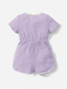 SHEIN 女嬰字母圖案撞色滾邊前蝴蝶結連身短褲 - 紫色 - 查看 2