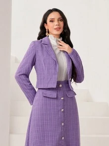 Modelyn Plaid Print Lapel Neck Blazer & Button Front Skirt - Purple - View 3