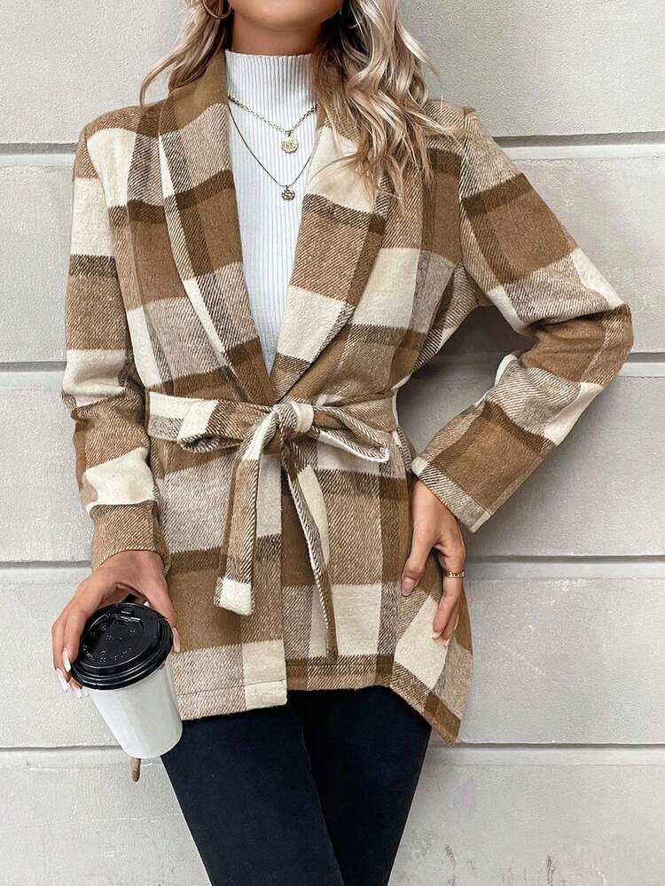 Plaid Print Belted Coat
