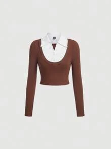 SHEIN MOD 二合一撞色短款T恤 - 棕色 - 查看 1