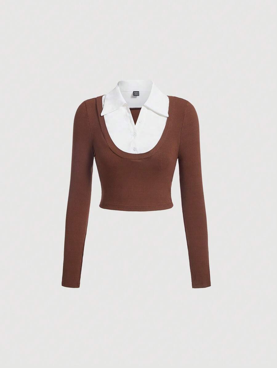 SHEIN MOD 二合一撞色短款T恤 - 棕色 - 查看 1