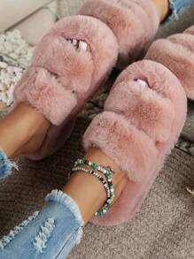 女式厚底增高奶茶棕色時尚毛茸茸室內拖鞋單雙帶拖鞋外出 - 粉色 - 查看 2