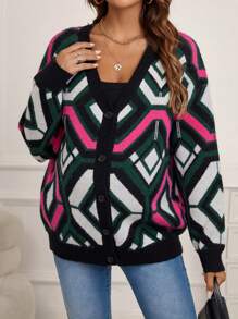 SHEIN 孕妇几何图案落肩开衫，适合冬季 - 彩色 - 查看 1