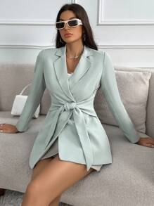 SHEIN Essnce 西裝領腰帶西裝外套 - 淺藍色 - 查看 3