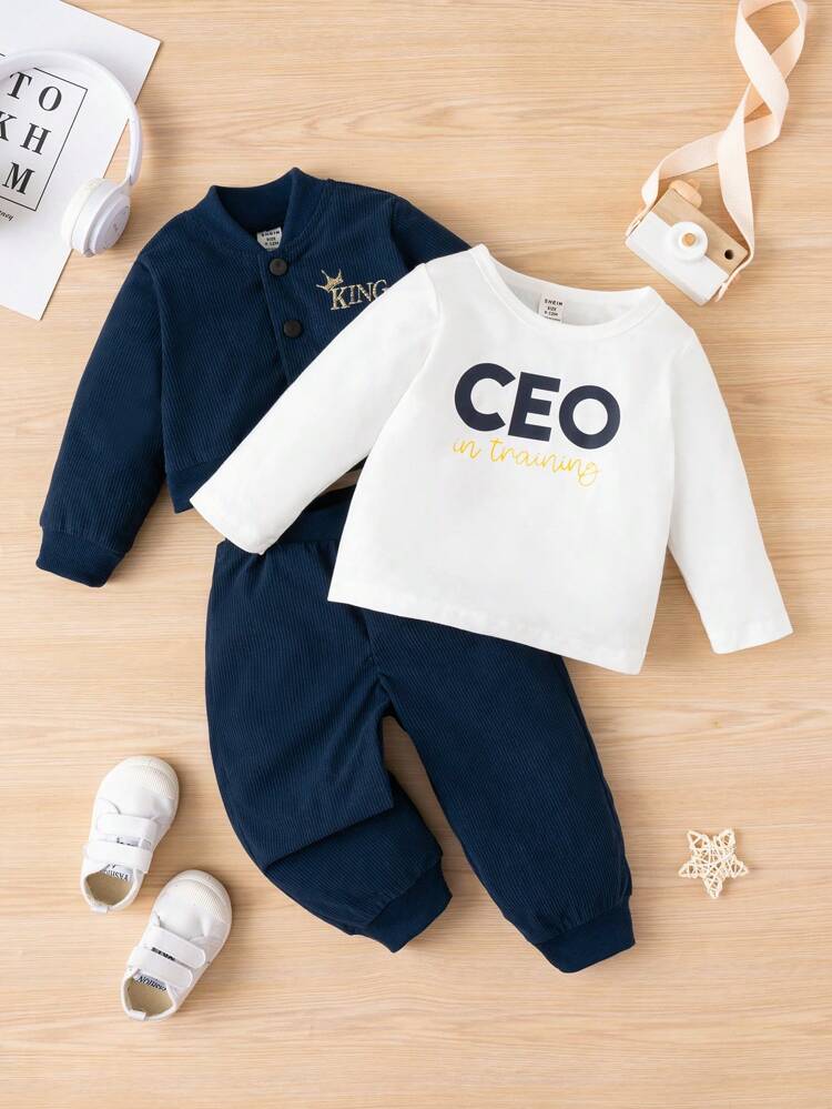 Baby Boy Letter Graphic Tee & Pants & Embroidery Corduroy Jacket