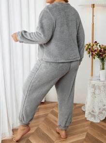 大碼愛心圖案法蘭絨睡衣套裝 - 灰色 - 查看 2