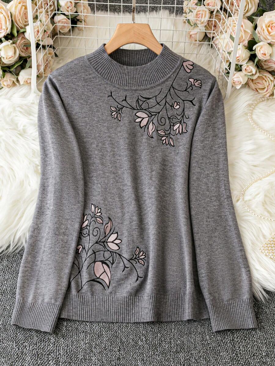 SHEIN LUNE Áo len thêu hoa Plus - Xám - Xem 1