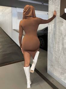 SHEIN SXY Solid Asymmetrical Hem Bodycon Dress - Brown - View 5
