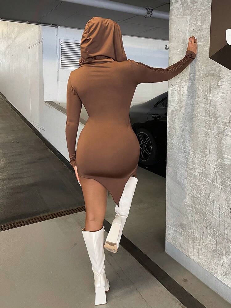 Solid Asymmetrical Hem Bodycon Dress