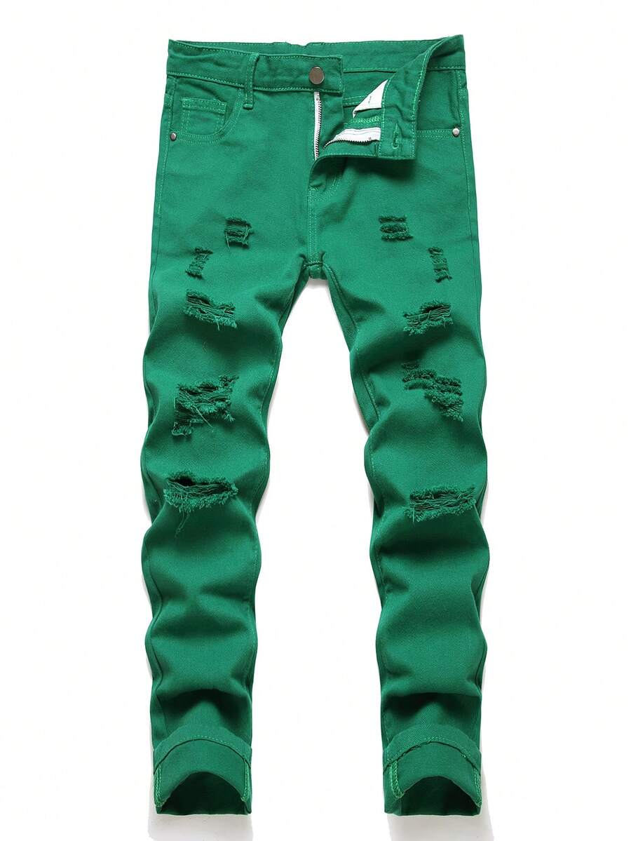 Tween Boy Ripped Frayed Straight Leg Jeans - Green - View 1