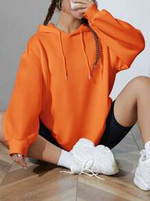 SHEIN EZwear Solid Drawstring Drop Shoulder Hoodie - Burnt Orange - View 1