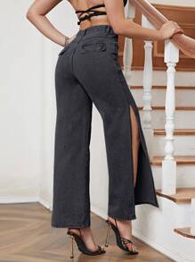 SHEIN Essnce 素色高衩牛仔褲 - 深灰色 - 查看 2