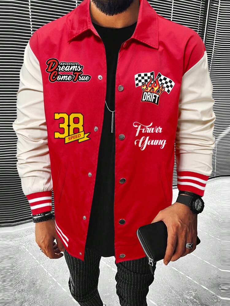 Loose Fit Men's Letter Graphic Colorblock Jacket With Striped Trim