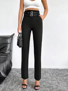 RueChic Double Buckle Belted Suit Pants - Black - View 1