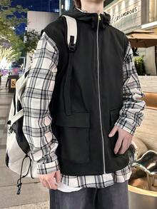 Manfinity EMRG Men Flap Pocket Zipper Hooded Vest Jacket - Black - View 4