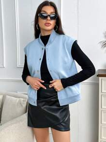 SHEIN Essnce 素色前紐扣夾克背心 - 淺藍色 - 查看 5