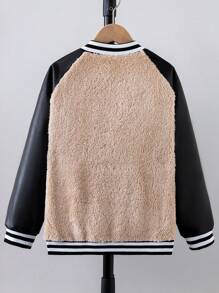 Tween Boy 1pc Contrast PU Leather Raglan Sleeve Striped Trim Teddy Jacket - Black and White - View 2