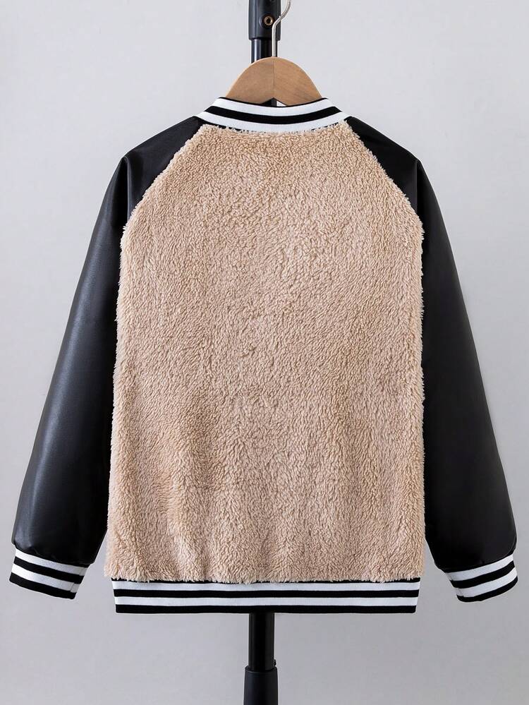 Tween Boy 1pc Contrast PU Leather Raglan Sleeve Striped Trim Teddy Jacket