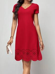 SHEIN Clasi Vestido cortado láser ribete en abanico - Rojo - Ver 6