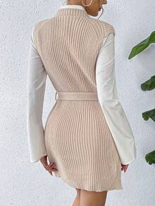SHEIN LUNE 1pc Split Hem Belted Sweater Vest - Khaki - View 2
