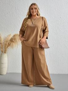 EMERY ROSE 大碼素色T恤&闊腿褲 - 咖啡棕 - 查看 1