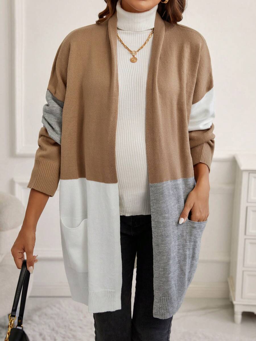 SHEIN Áo khoác cardigan dáng dài hai túi màu cho bà bầu, dành cho mùa đông - Nhiều màu - Xem 1