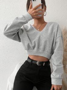 EURMUSE V Neck Drop Shoulder Crop Sweatshirt