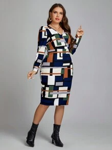 SHEIN Clasi 大碼幾何印花翻領修身洋裝 - 彩色 - 查看 3