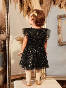 Baby Girl Star Print Ruffle Trim Mesh Overlay Dress - Black - View 2
