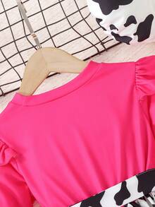 SHEIN 女小童卡通圖案荷葉邊繫腰帶洋裝和帽 - 玫紅色 - 查看 6